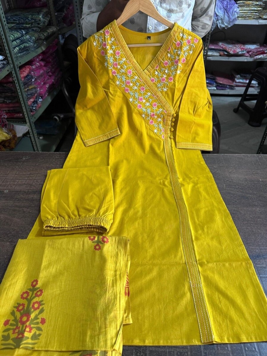 Designer Yellow Pakistani Salwar Kameez – Ready - to - Wear Cotton Suit for Indian - 001FASHIONFORWARD
