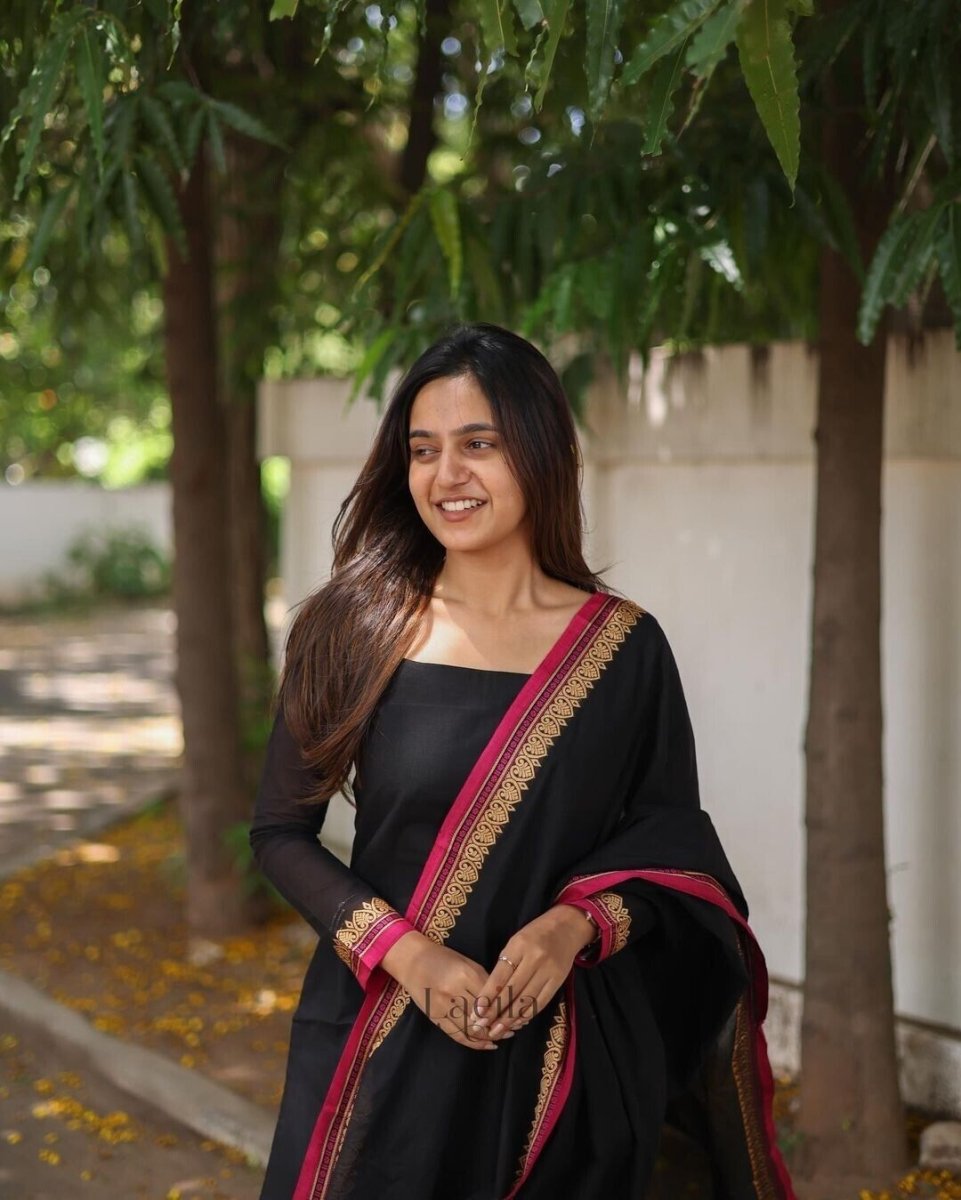Elegant Black Banana Silk Salwar Kameez Set with Jacquard Dupatta - 001FASHIONFORWARD