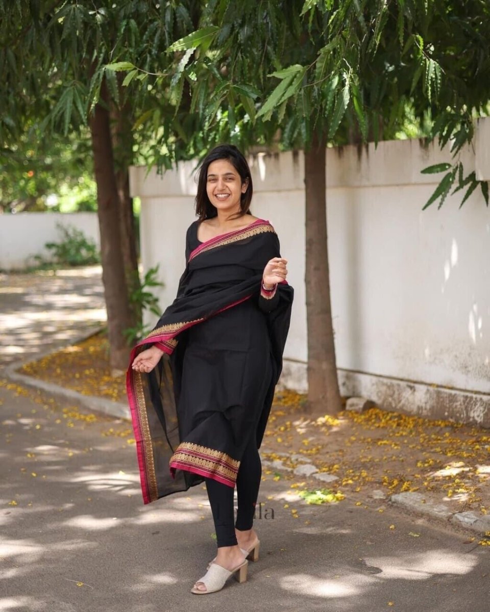 Elegant Black Banana Silk Salwar Kameez Set with Jacquard Dupatta - 001FASHIONFORWARD