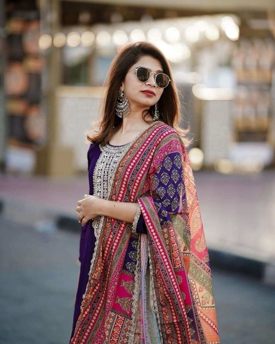 Elegant Chinon Silk Embroidered Sharara Palazzo Suit Set – Party Wear Ensemble - 001FASHIONFORWARD