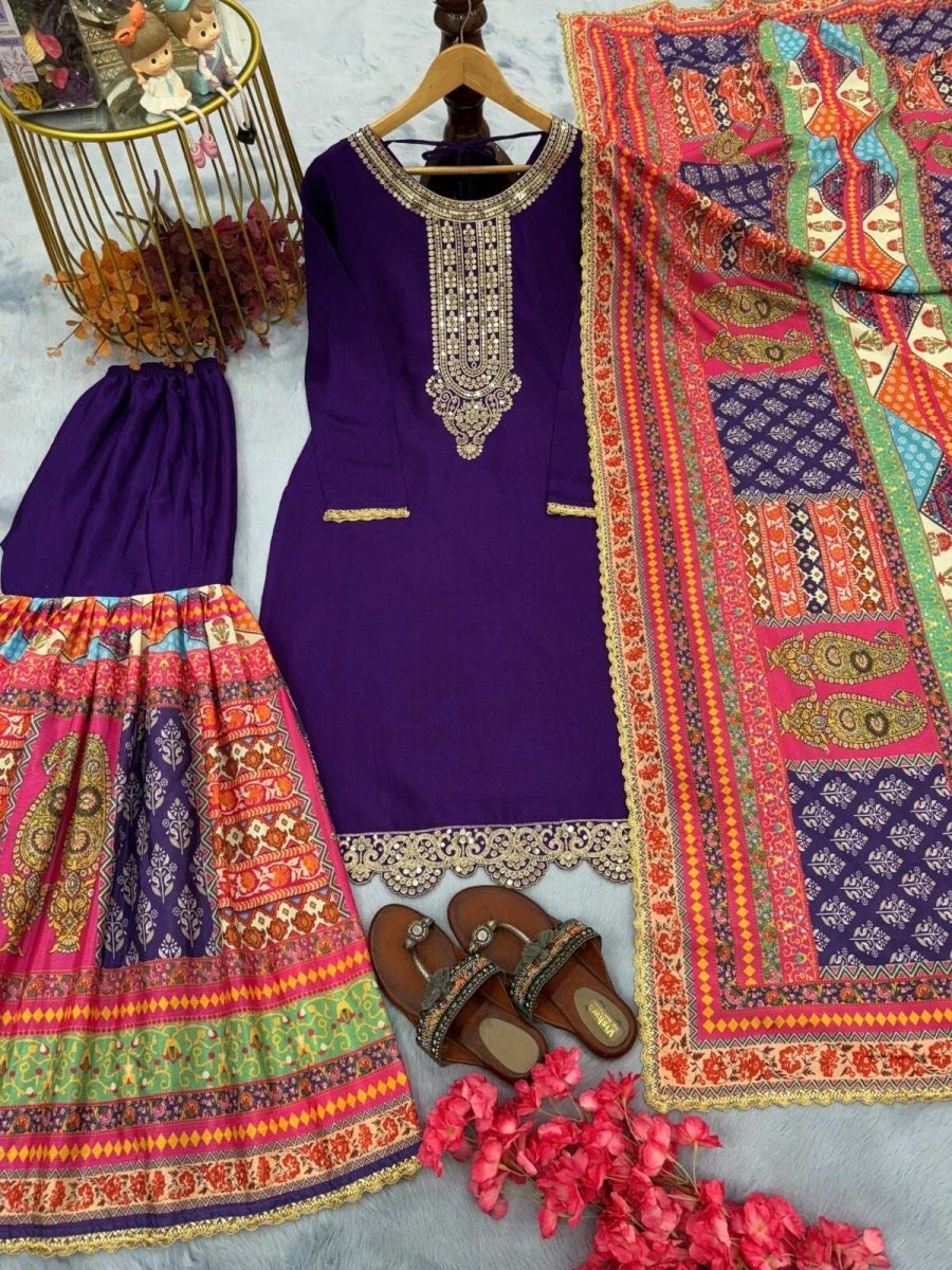 Elegant Chinon Silk Embroidered Sharara Palazzo Suit Set – Party Wear Ensemble - 001FASHIONFORWARD