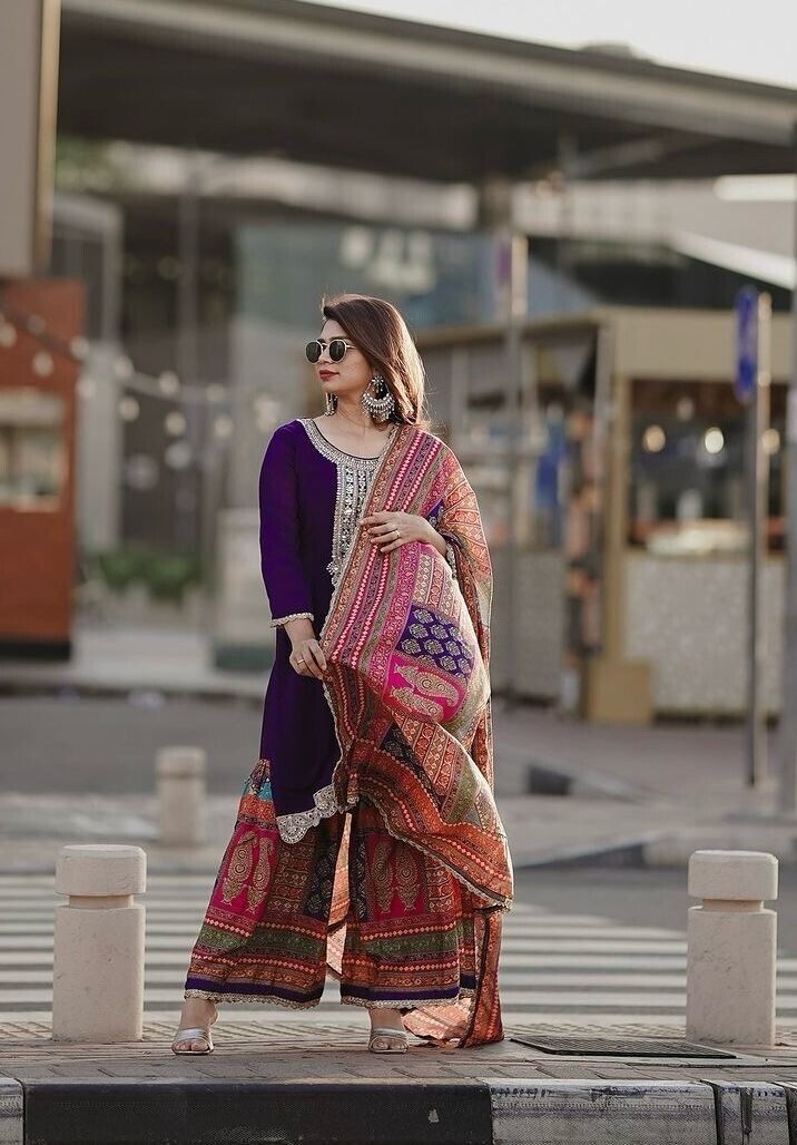 Elegant Chinon Silk Embroidered Sharara Palazzo Suit Set – Party Wear Ensemble - 001FASHIONFORWARD