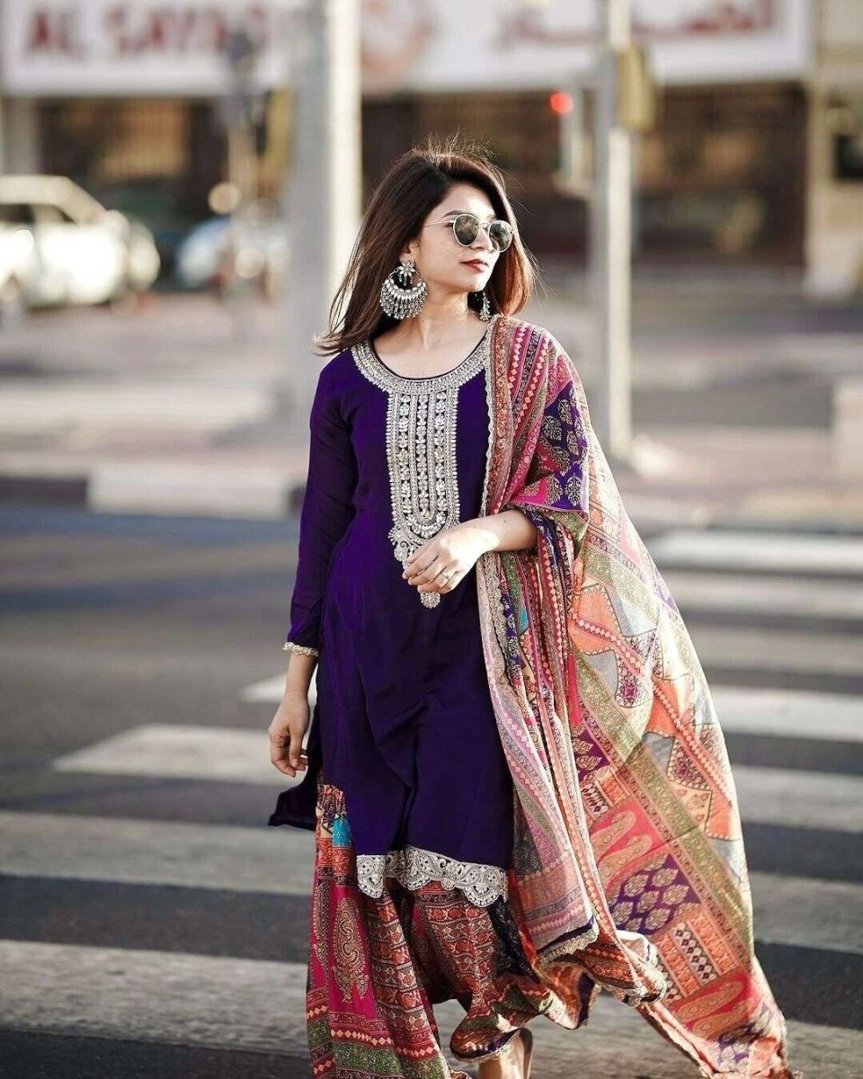 Elegant Chinon Silk Embroidered Sharara Palazzo Suit Set – Party Wear Ensemble - 001FASHIONFORWARD