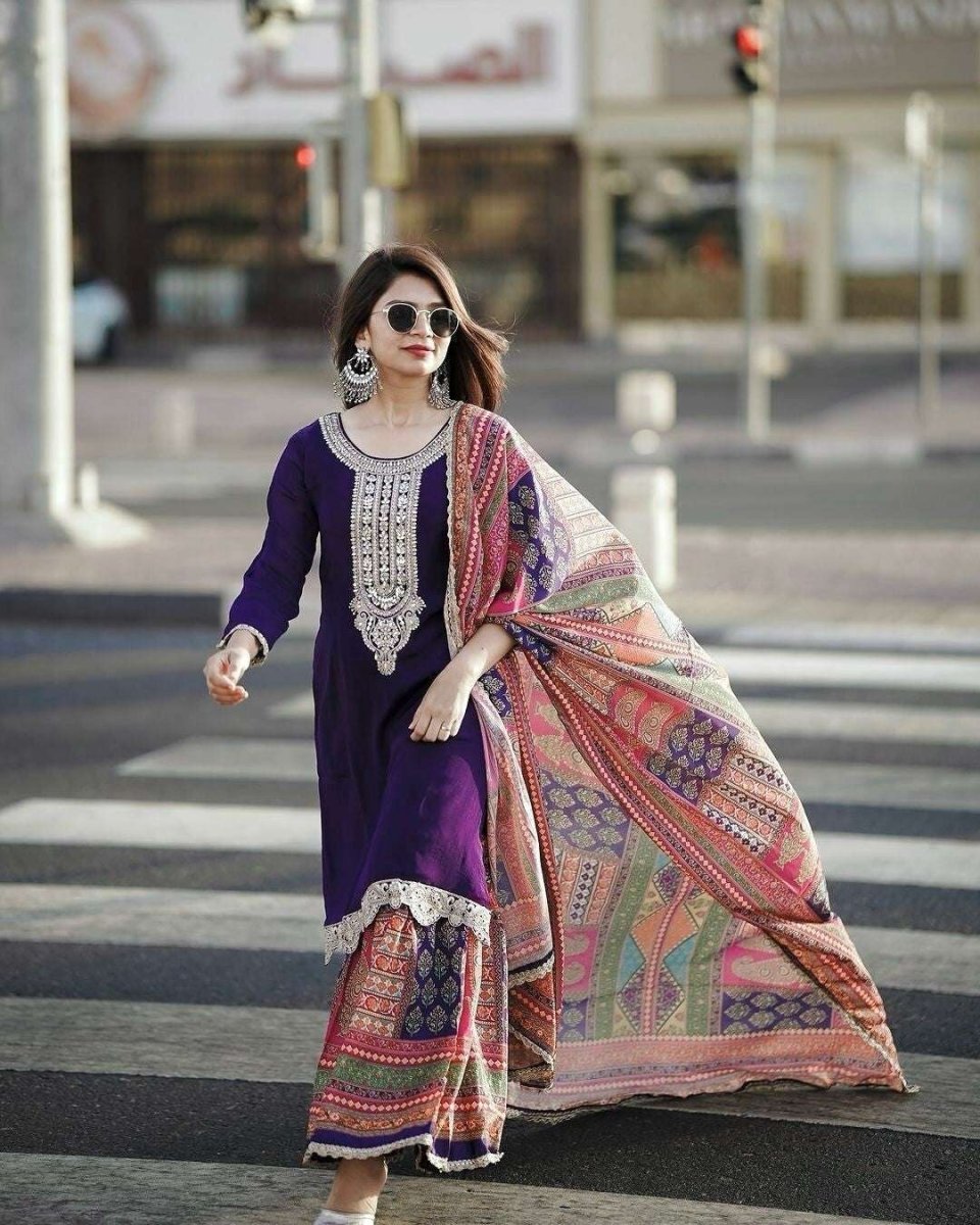 Elegant Chinon Silk Embroidered Sharara Palazzo Suit Set – Party Wear Ensemble - 001FASHIONFORWARD