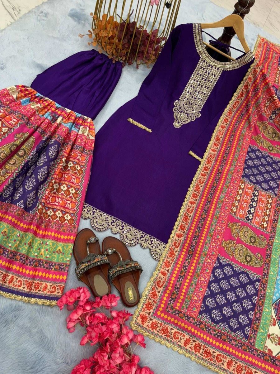 Elegant Chinon Silk Embroidered Sharara Palazzo Suit Set – Party Wear Ensemble - 001FASHIONFORWARD