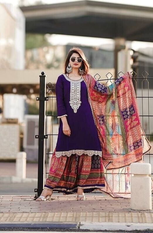 Elegant Chinon Silk Embroidered Sharara Palazzo Suit Set – Party Wear Ensemble - 001FASHIONFORWARD
