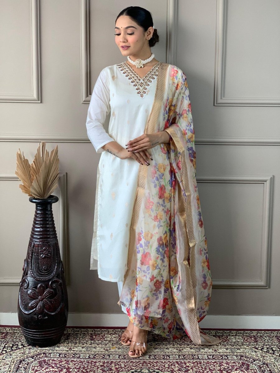 Elegant Cotton Straight Suit with Handwork – 3 - Piece Set Salwar kameez - 001FASHIONFORWARD