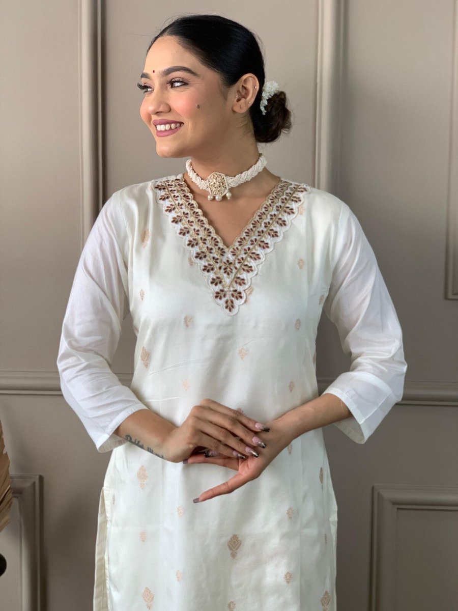 Elegant Cotton Straight Suit with Handwork – 3 - Piece Set Salwar kameez - 001FASHIONFORWARD
