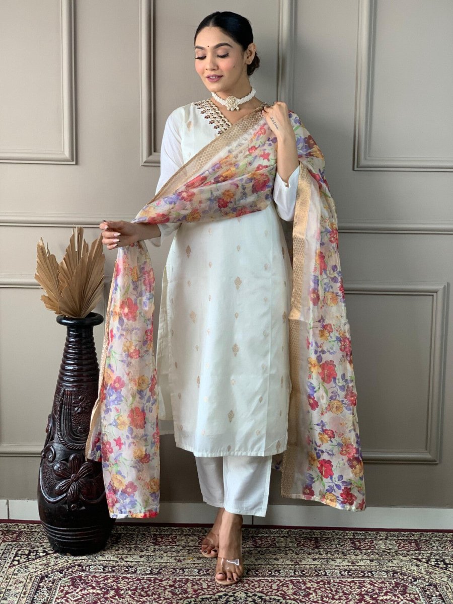Elegant Cotton Straight Suit with Handwork – 3 - Piece Set Salwar kameez - 001FASHIONFORWARD