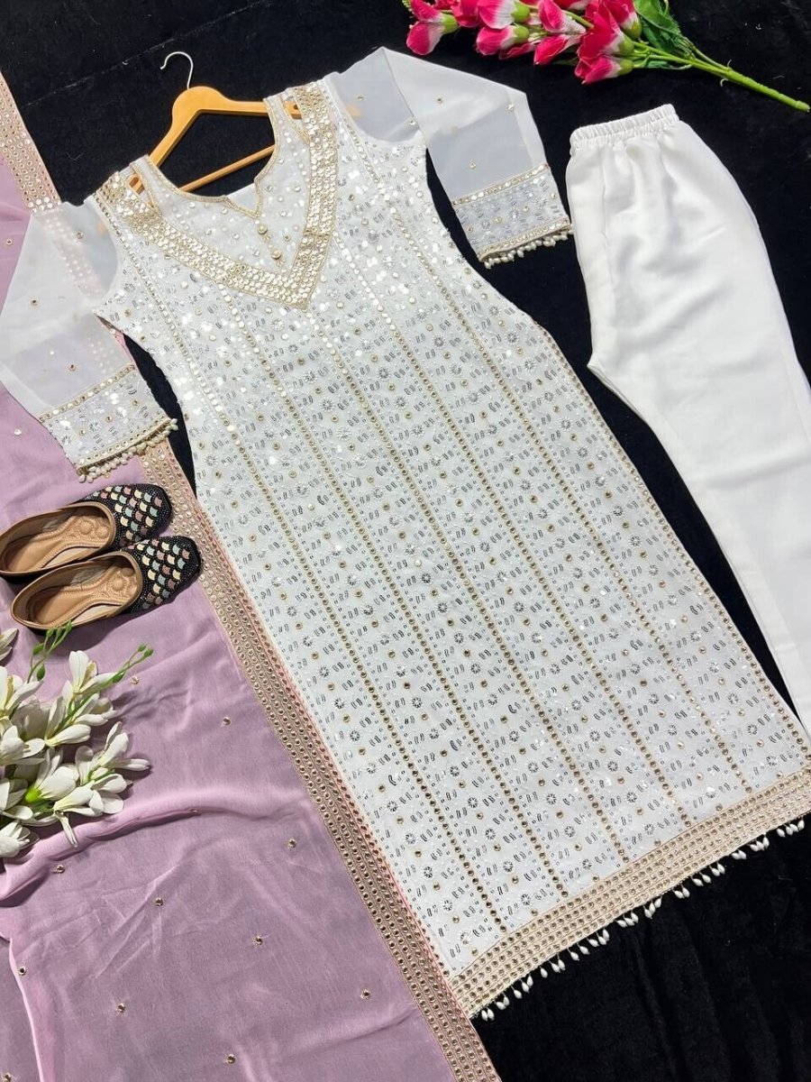 Elegant Pink Embroidered Faux Georgette Salwar Kameez Set – 3 - Piece Ensemble - 001FASHIONFORWARD