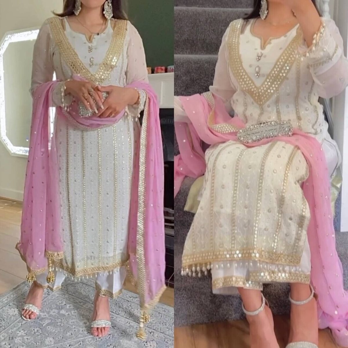 Elegant Pink Embroidered Faux Georgette Salwar Kameez Set – 3 - Piece Ensemble - 001FASHIONFORWARD