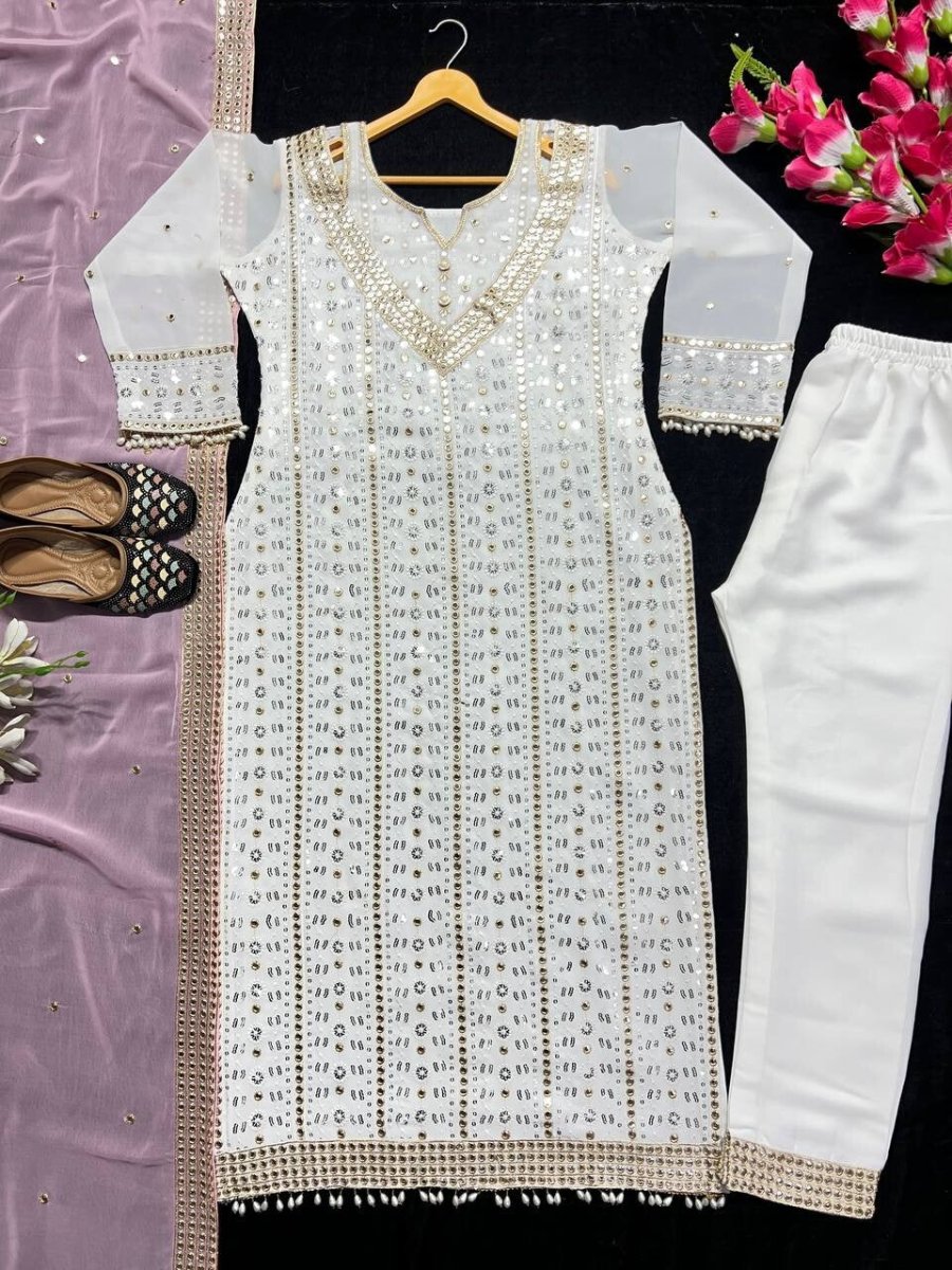 Elegant Pink Embroidered Faux Georgette Salwar Kameez Set – 3 - Piece Ensemble - 001FASHIONFORWARD