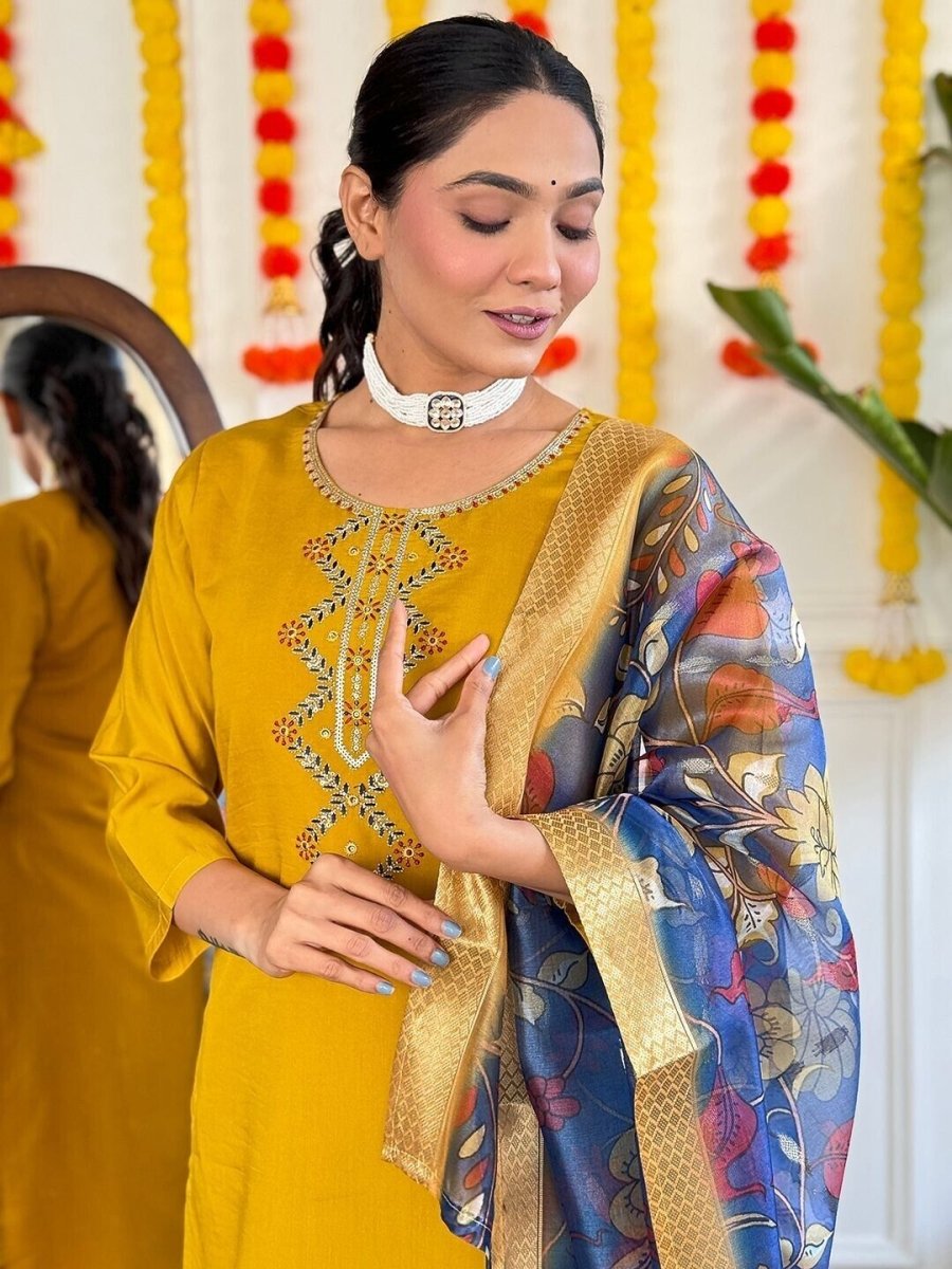 Elegant Viscose Chanderi Silk suit salwar kameez Kurta Set with Jacquard Dupatta - 001FASHIONFORWARD