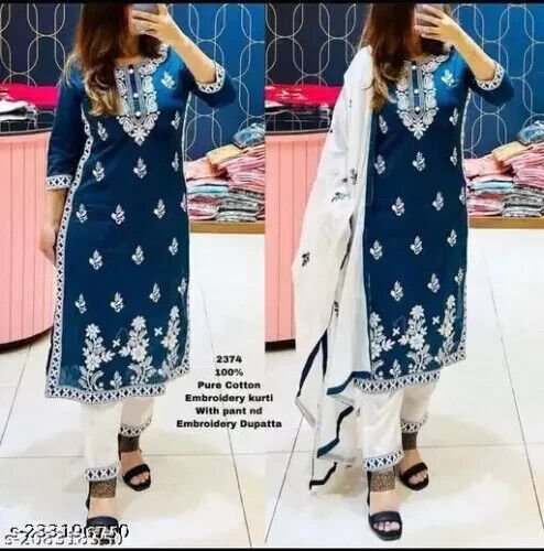 Embroided Cotton Straight kurta Salwar Kameez Suit Set Fabric pant duppatta - 001FASHIONFORWARD