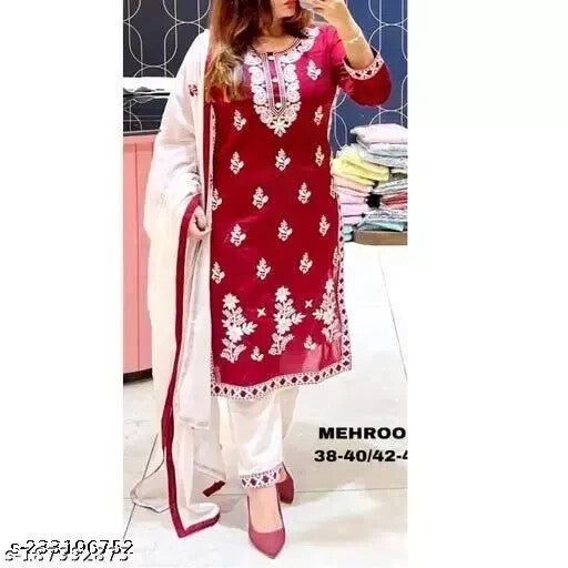 Embroided Cotton Straight kurta Salwar Kameez Suit Set Fabric pant duppatta - 001FASHIONFORWARD