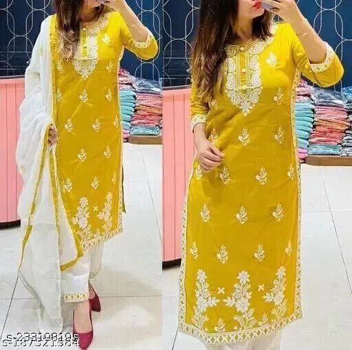 Embroided Cotton Straight kurta Salwar Kameez Suit Set Fabric pant duppatta - 001FASHIONFORWARD