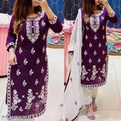 Embroided Cotton Straight kurta Salwar Kameez Suit Set Fabric pant duppatta - 001FASHIONFORWARD
