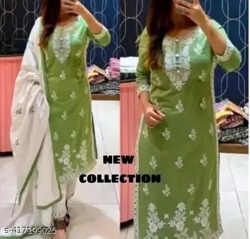 Embroided Cotton Straight kurta Salwar Kameez Suit Set Fabric pant duppatta - 001FASHIONFORWARD
