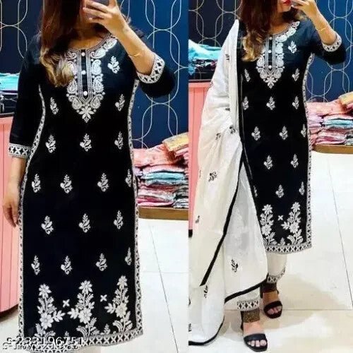 Embroided Cotton Straight kurta Salwar Kameez Suit Set Fabric pant duppatta - 001FASHIONFORWARD