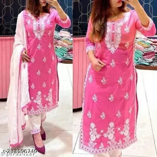 Embroided Cotton Straight kurta Salwar Kameez Suit Set Fabric pant duppatta - 001FASHIONFORWARD