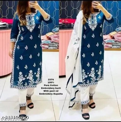 Embroided Cotton Straight kurta Salwar Kameez Suit Set Fabric pant duppatta - 001FASHIONFORWARD