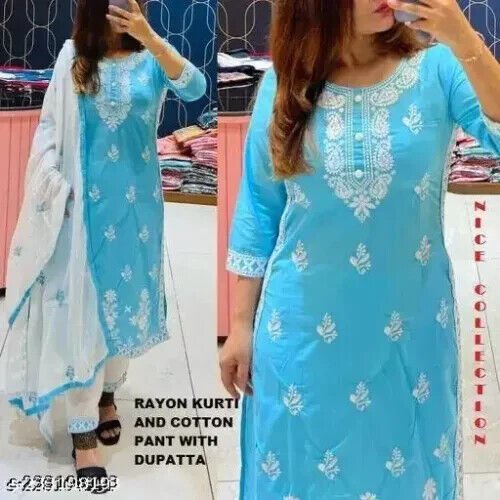 Embroided Cotton Straight kurta Salwar Kameez Suit Set Fabric pant duppatta - 001FASHIONFORWARD