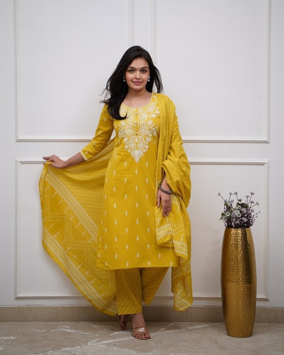 Embroided Floral Printed kurta Salwar Kameez Suit Set Indian Fabric Cotton 60 - 001FASHIONFORWARD