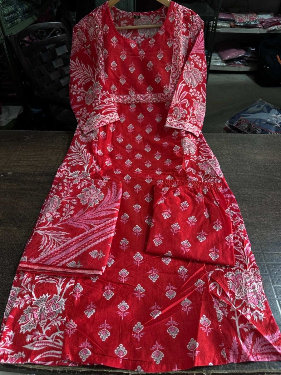 Embroided Floral Printed kurta Salwar Kameez Suit Set Indian Fabric Cotton 60 - 001FASHIONFORWARD