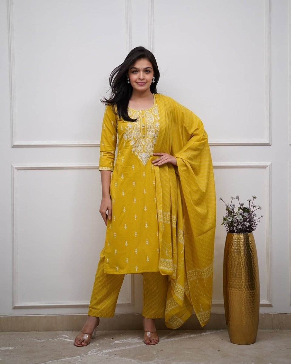 Embroided Floral Printed kurta Salwar Kameez Suit Set Indian Fabric Cotton 60 - 001FASHIONFORWARD