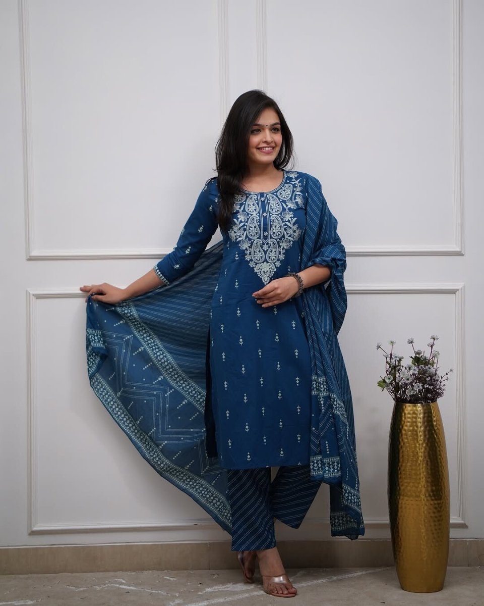 Embroided Floral Printed kurta Salwar Kameez Suit Set Indian Fabric Cotton 60 - 001FASHIONFORWARD