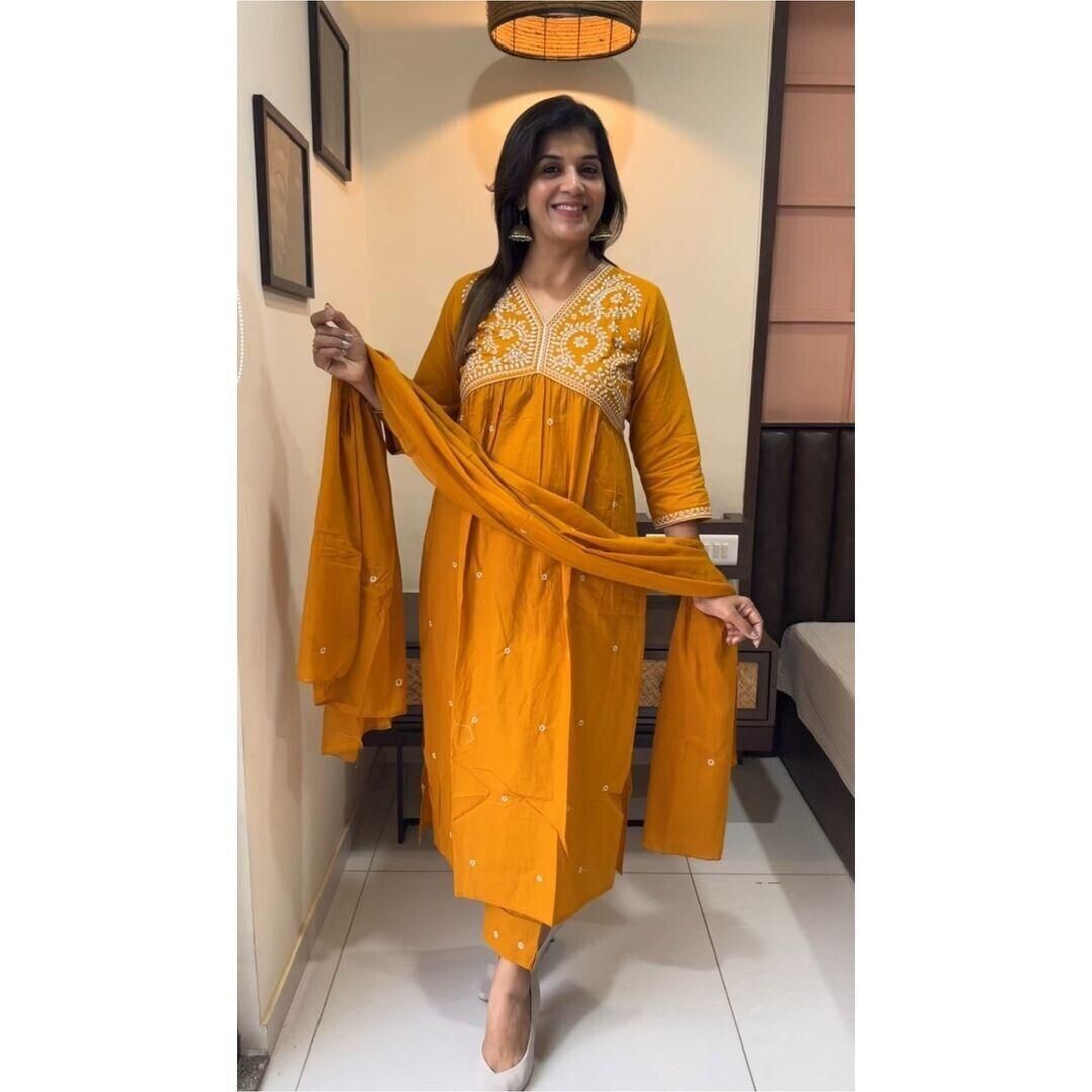 Embroidered cotton Flared Anarkali Glown Full Length Kurta,suit 3Pc Set indian - 001FASHIONFORWARD