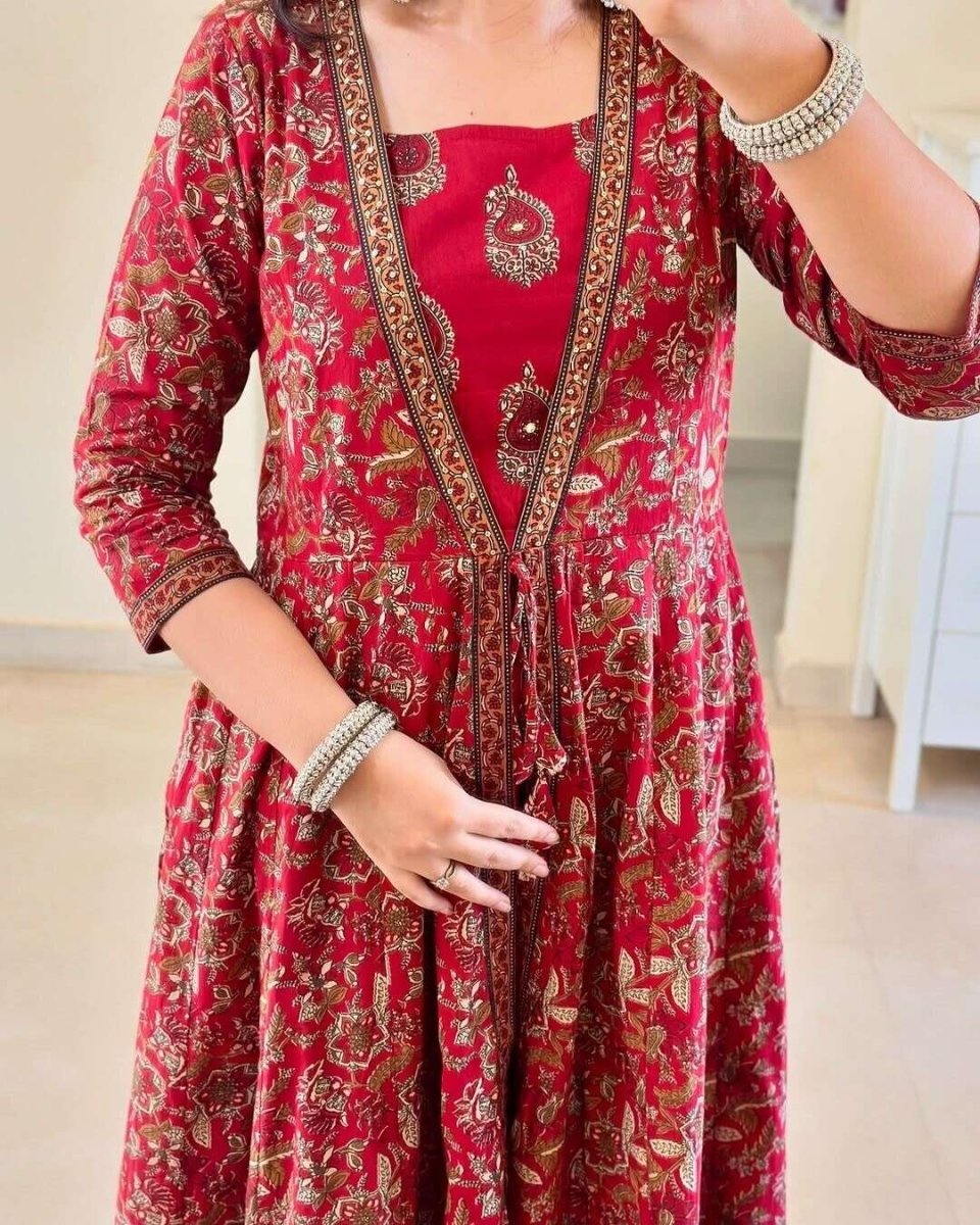 Embroidered cotton Flared Anarkali Glown Full Length Kurta,suit 3Pc Set indian - 001FASHIONFORWARD
