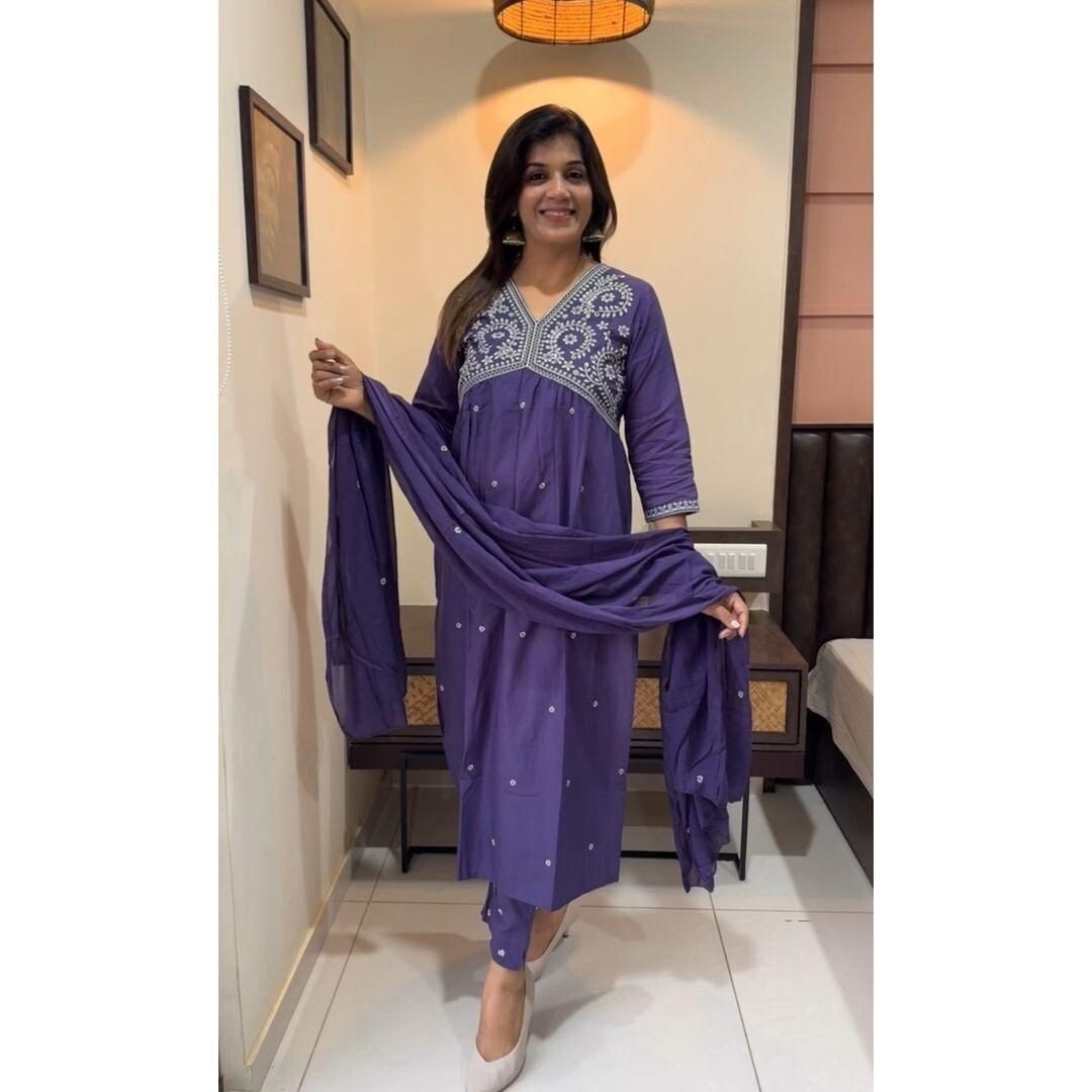 Embroidered cotton Flared Anarkali Glown Full Length Kurta,suit 3Pc Set indian - 001FASHIONFORWARD