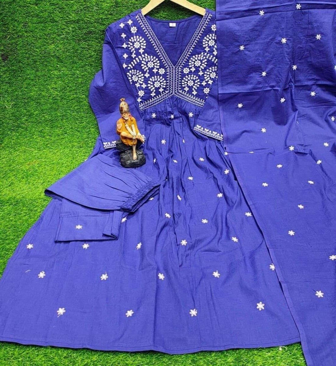 Embroidered cotton Flared Anarkali Glown Full Length Kurta,suit 3Pc Set indian - 001FASHIONFORWARD