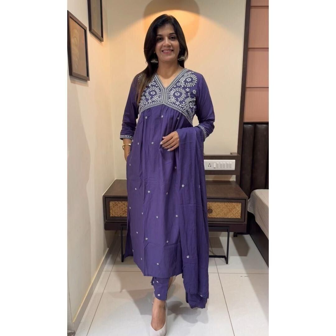 Embroidered cotton Flared Anarkali Glown Full Length Kurta,suit 3Pc Set indian - 001FASHIONFORWARD