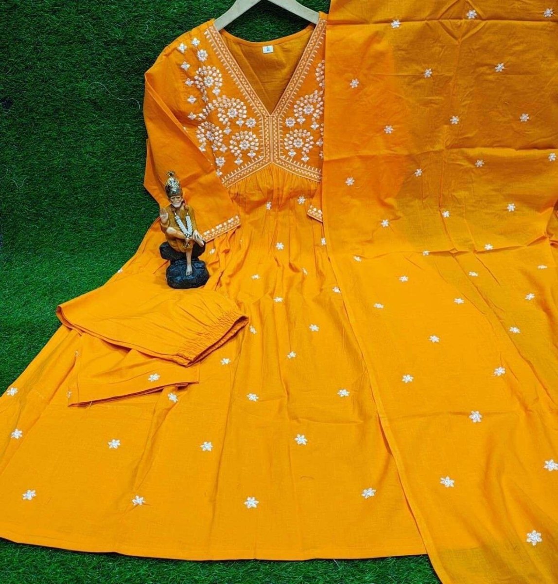 Embroidered cotton Flared Anarkali Glown Full Length Kurta,suit 3Pc Set indian - 001FASHIONFORWARD