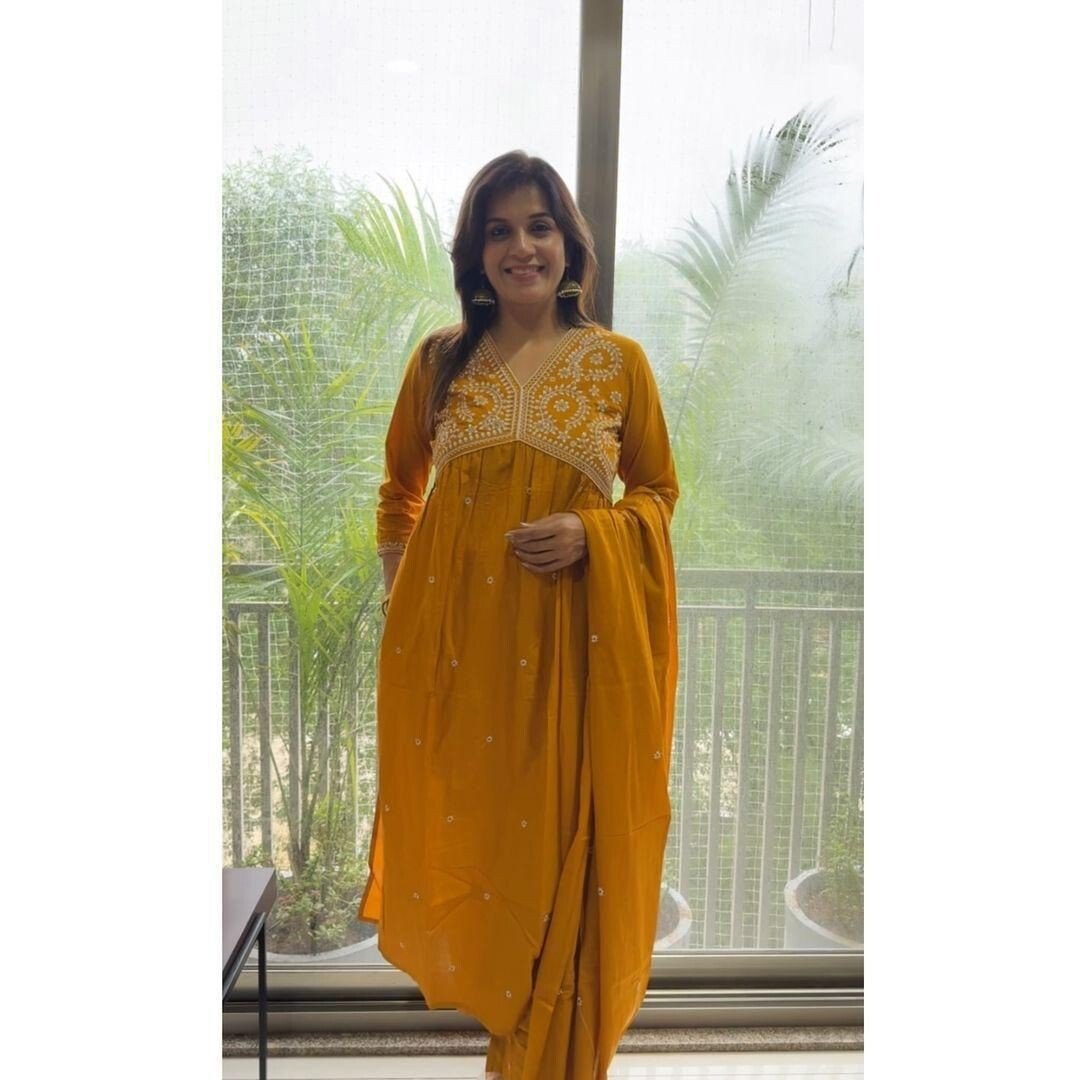 Embroidered cotton Flared Anarkali Glown Full Length Kurta,suit 3Pc Set indian - 001FASHIONFORWARD