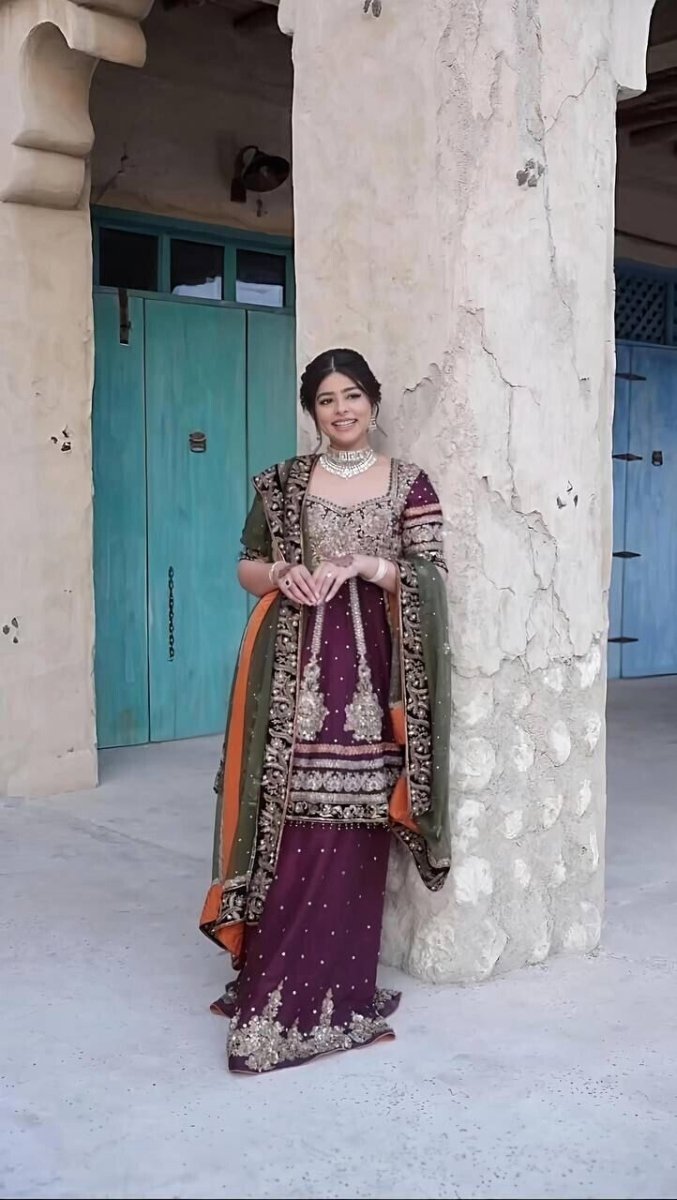 Embroidered Faux Georgette Salwar Kameez with Sharara & Dupatta - Ready to Wear - 001FASHIONFORWARD
