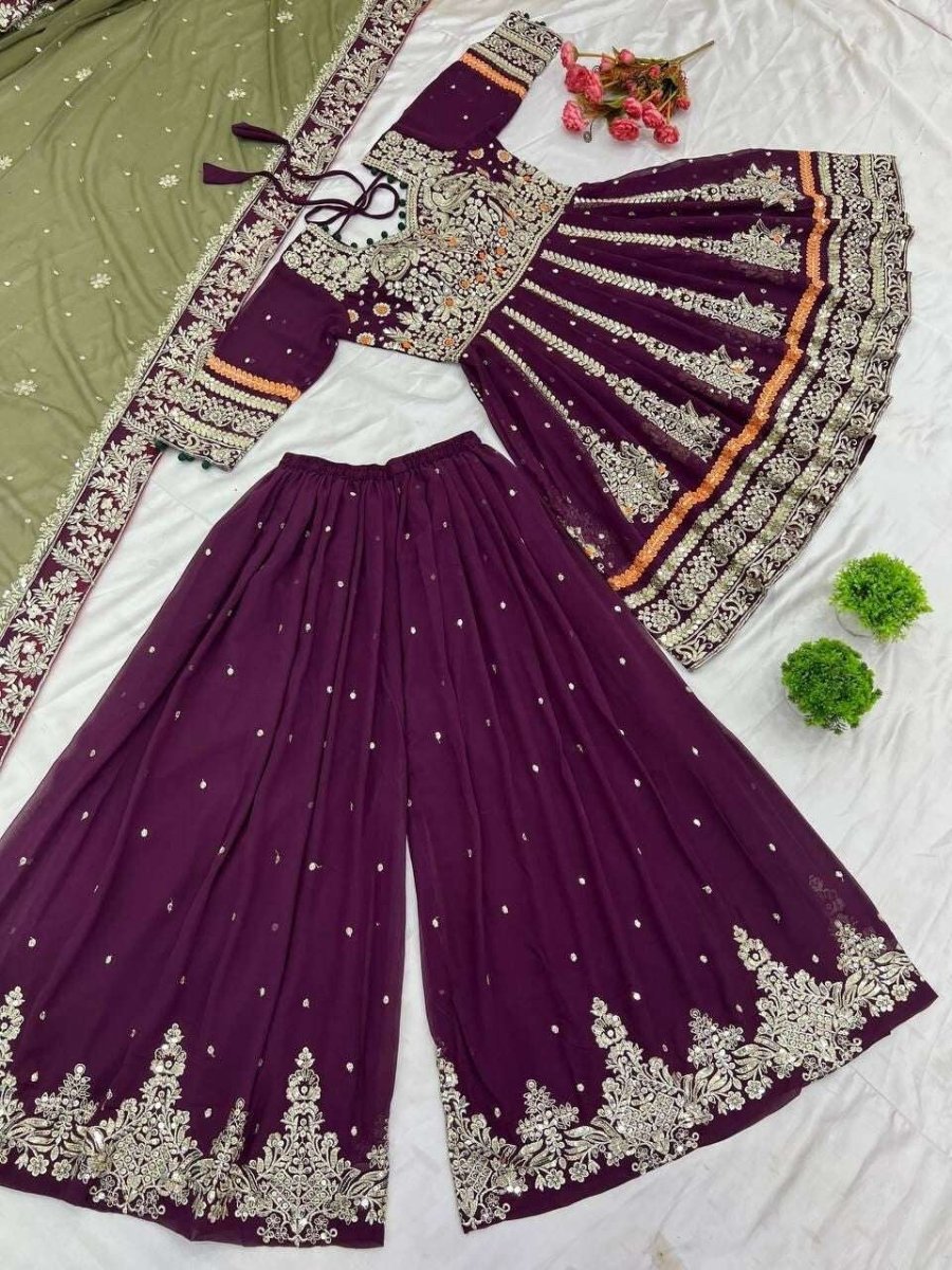 Embroidered Faux Georgette Salwar Kameez with Sharara & Dupatta - Ready to Wear - 001FASHIONFORWARD