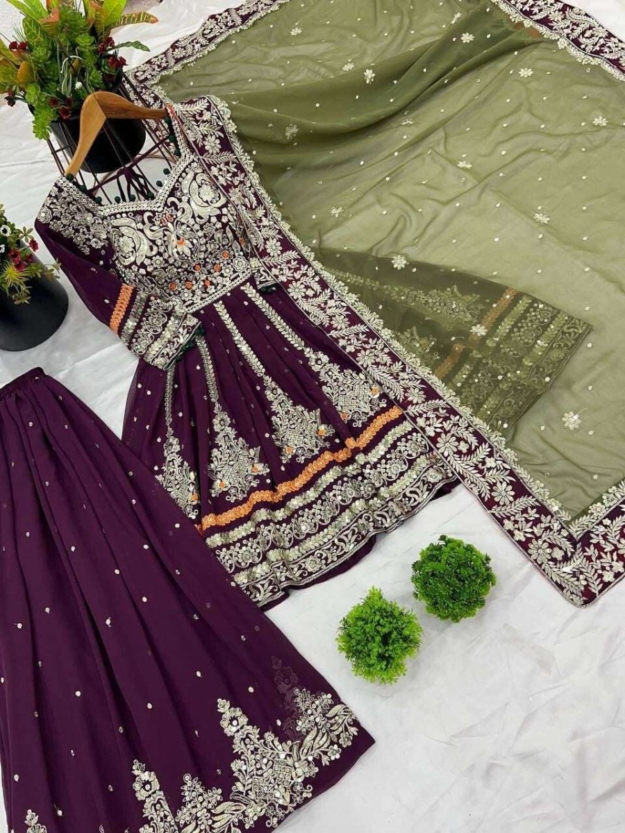 Embroidered Faux Georgette Salwar Kameez with Sharara & Dupatta - Ready to Wear - 001FASHIONFORWARD