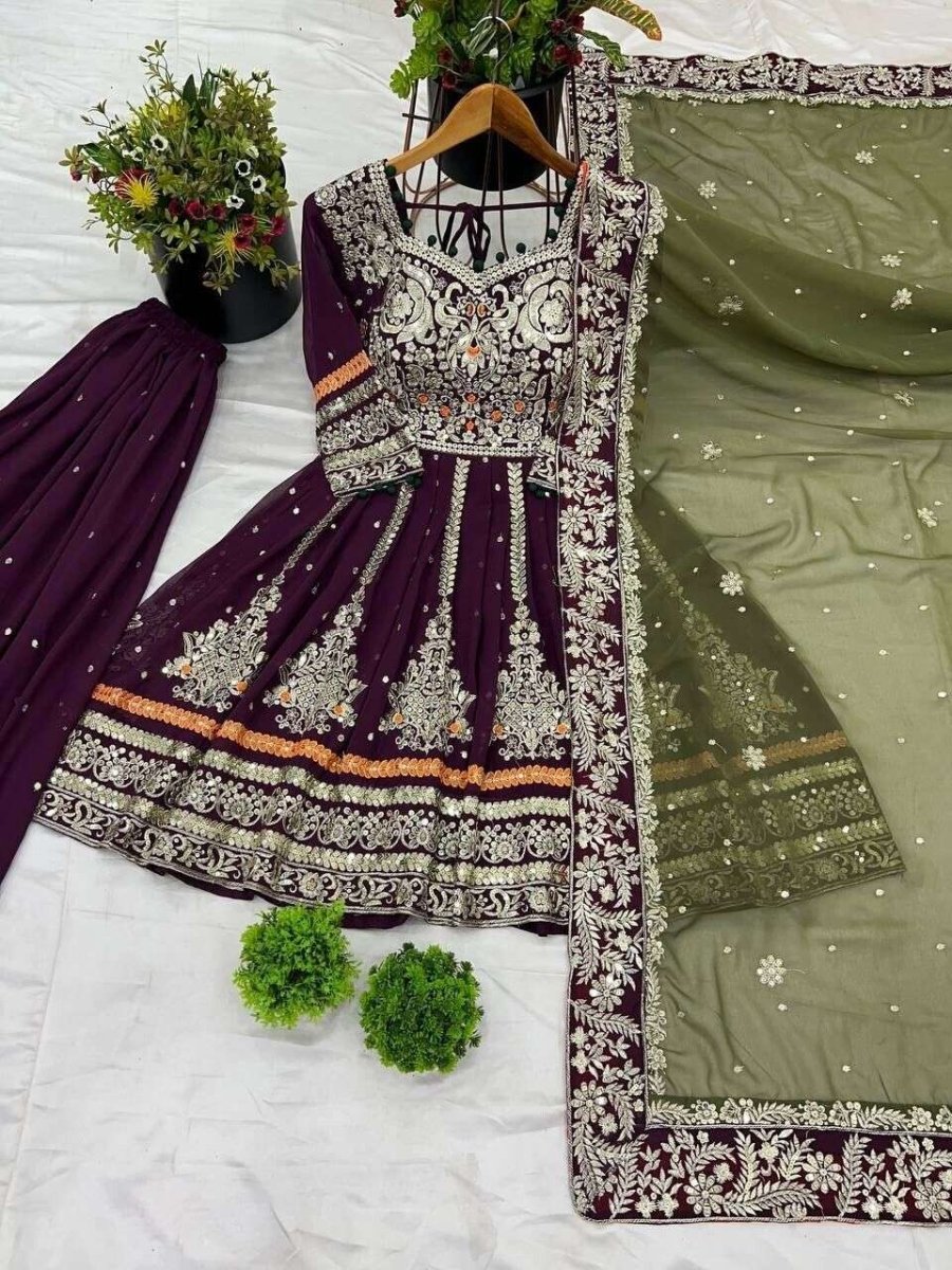 Embroidered Faux Georgette Salwar Kameez with Sharara & Dupatta - Ready to Wear - 001FASHIONFORWARD