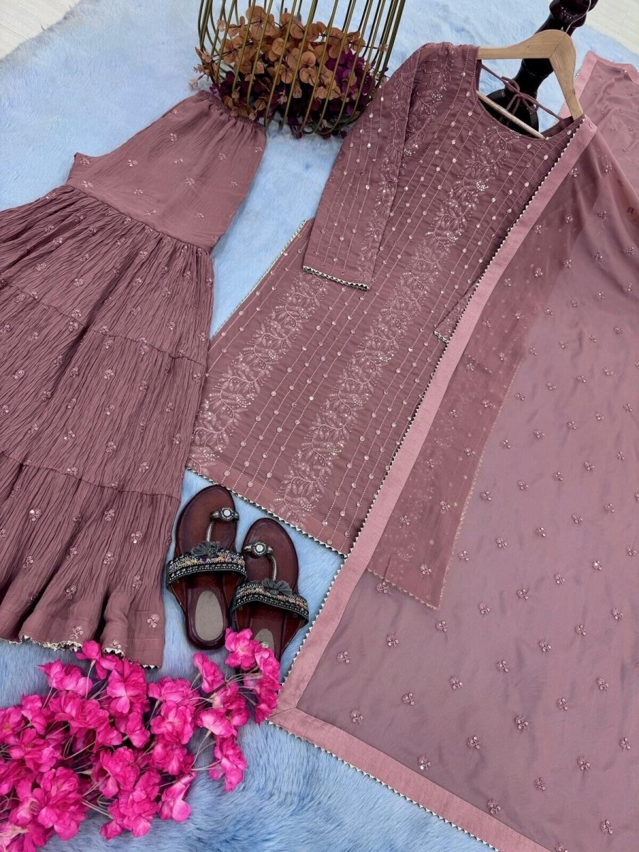 Embroidered Georgette Sharara Palazzo Salwar Kameez Set with Embroidered Dupatta - 001FASHIONFORWARD