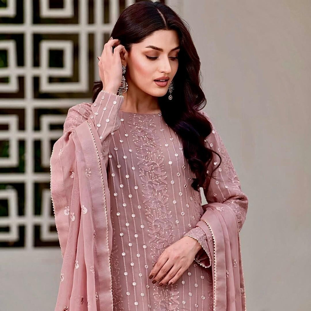 Embroidered Georgette Sharara Palazzo Salwar Kameez Set with Embroidered Dupatta - 001FASHIONFORWARD