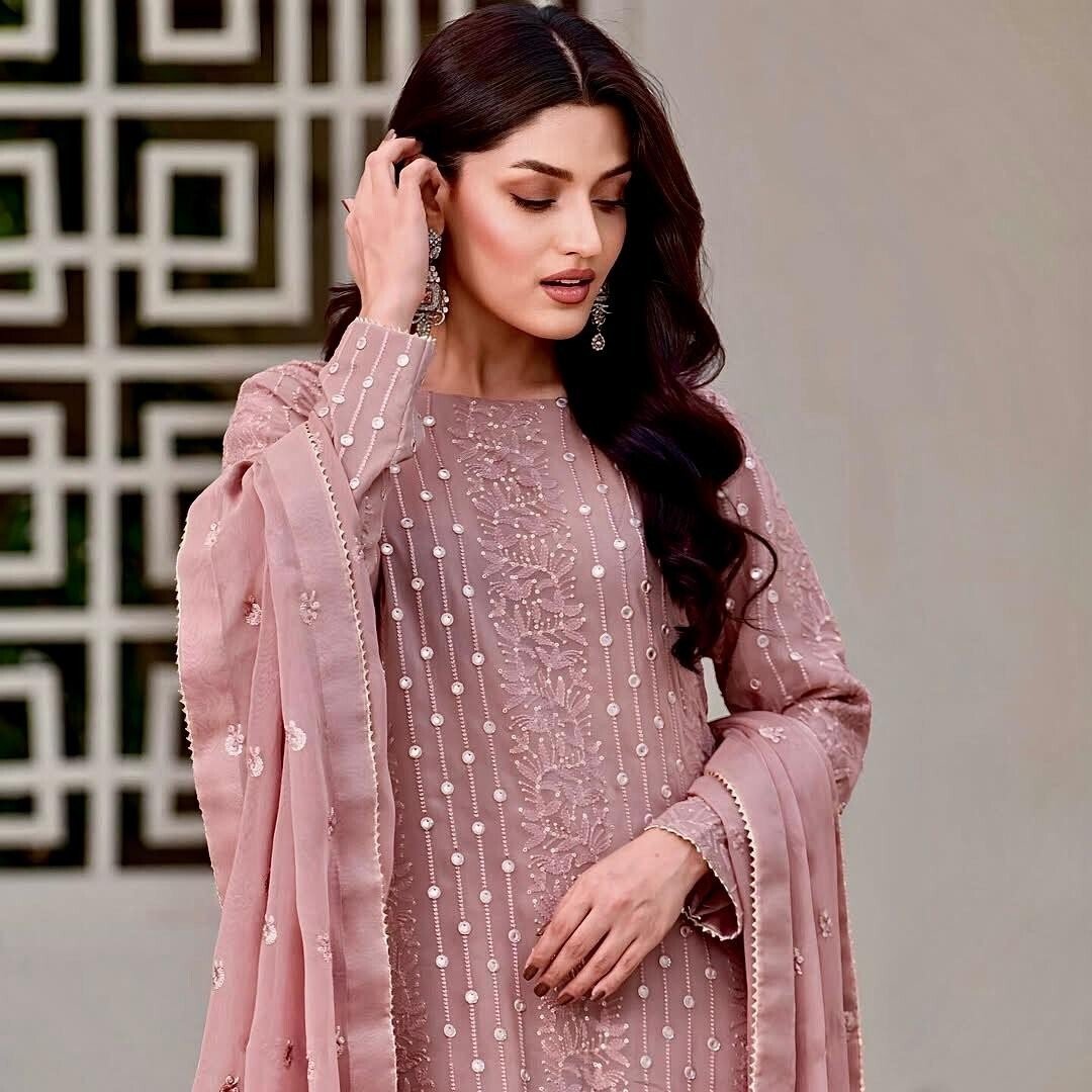 Embroidered Georgette Sharara Palazzo Salwar Kameez Set with Embroidered Dupatta - 001FASHIONFORWARD