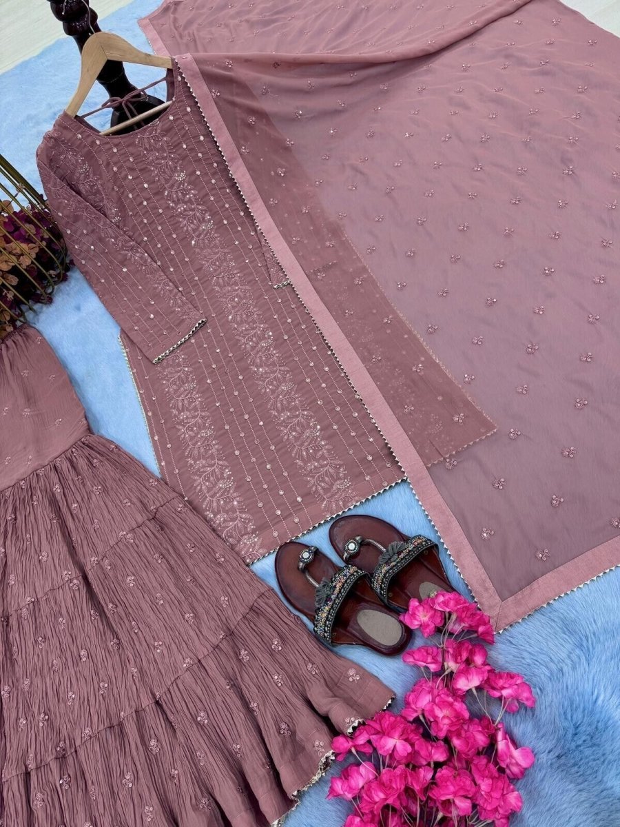 Embroidered Georgette Sharara Palazzo Salwar Kameez Set with Embroidered Dupatta - 001FASHIONFORWARD