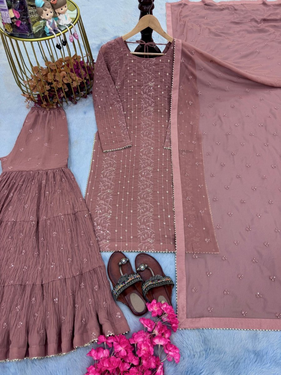 Embroidered Georgette Sharara Palazzo Salwar Kameez Set with Embroidered Dupatta - 001FASHIONFORWARD