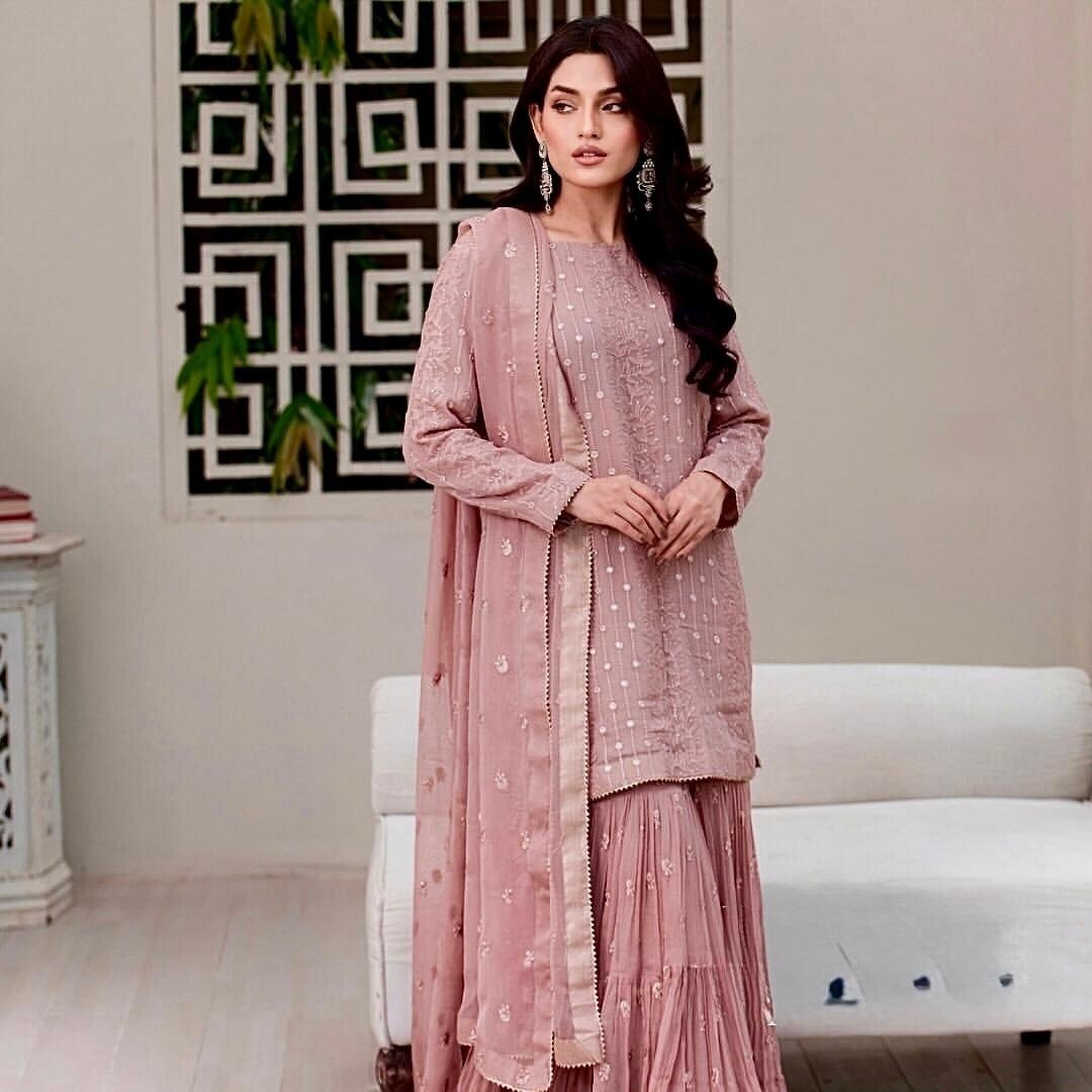 Embroidered Georgette Sharara Palazzo Salwar Kameez Set with Embroidered Dupatta - 001FASHIONFORWARD