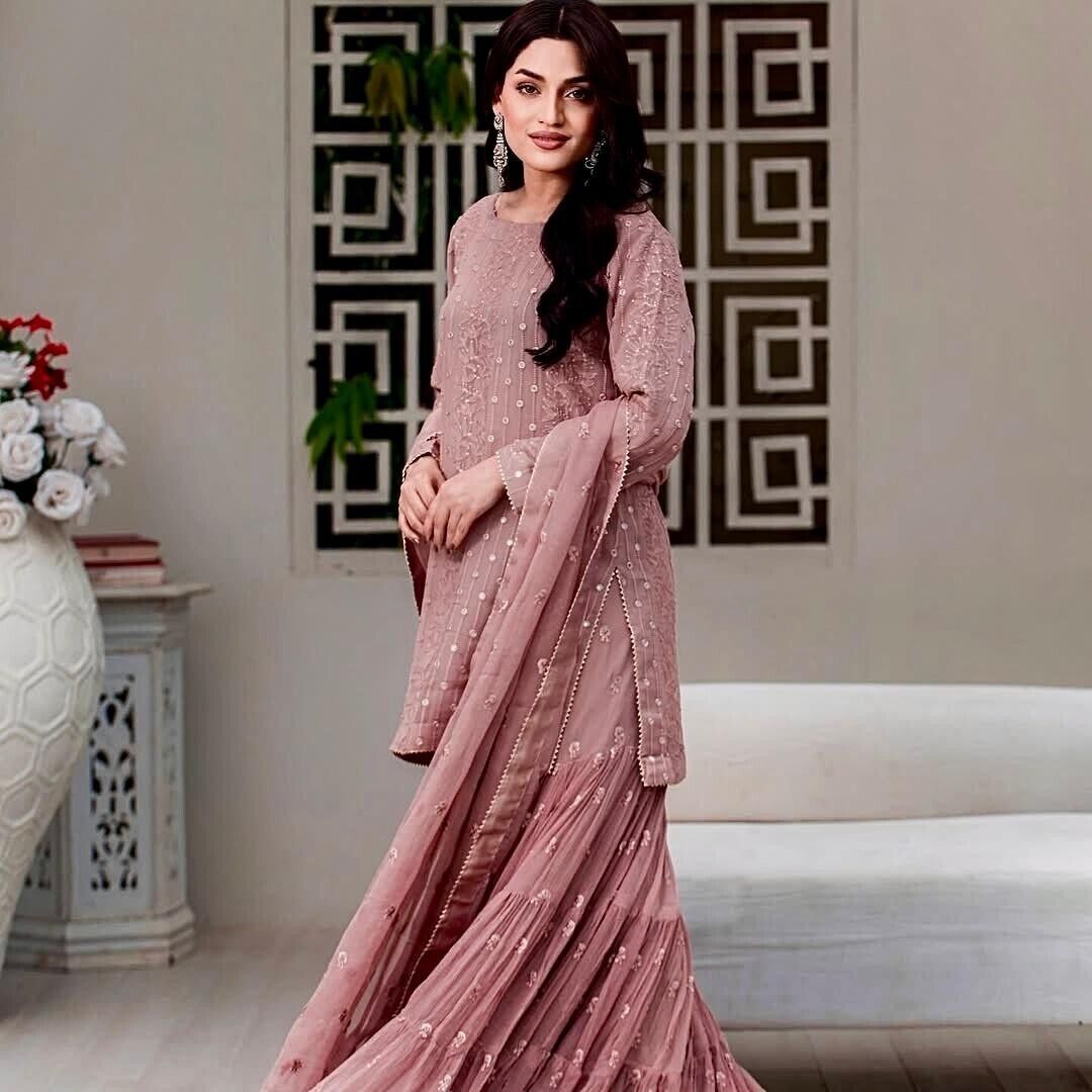 Embroidered Georgette Sharara Palazzo Salwar Kameez Set with Embroidered Dupatta - 001FASHIONFORWARD