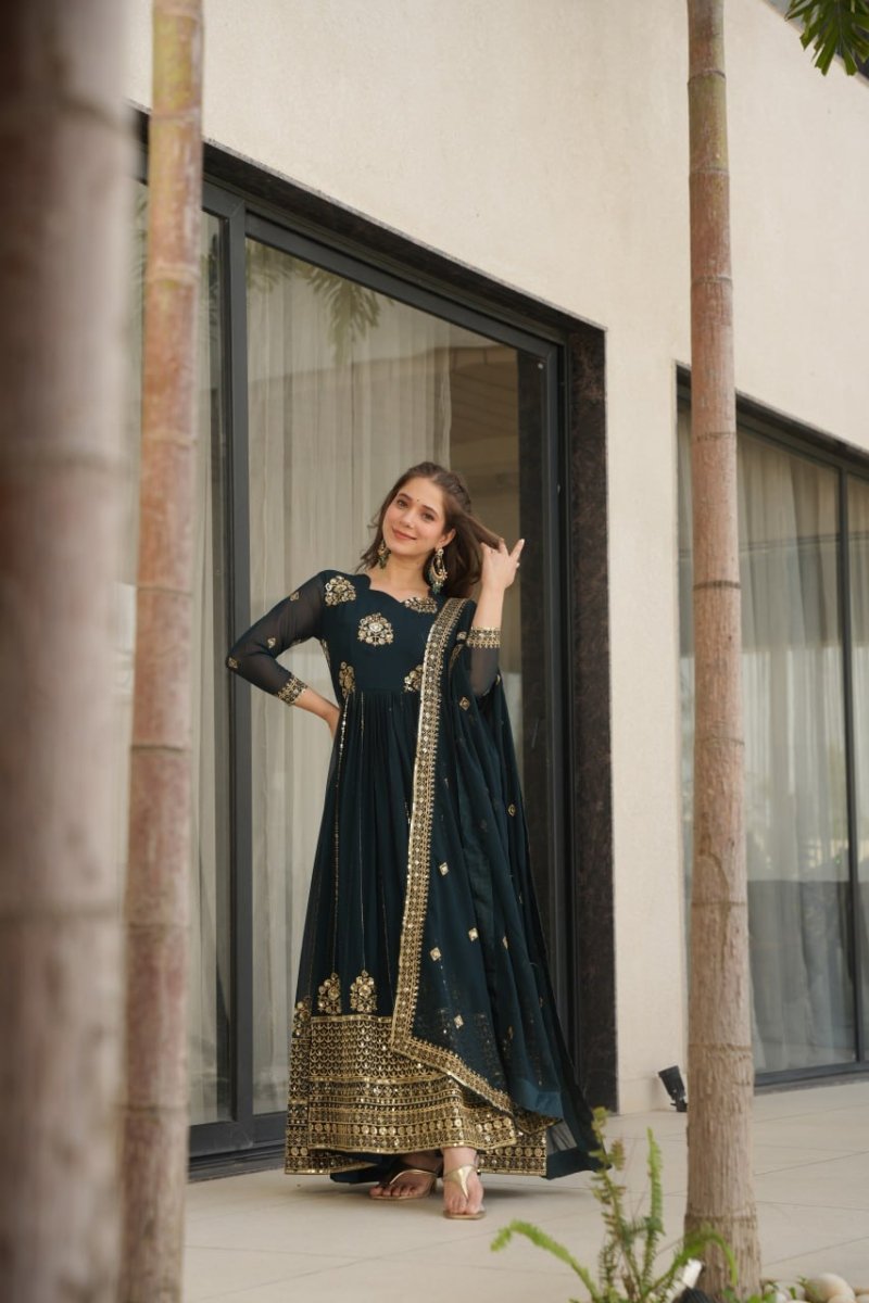 Faux Blooming Anarkali Gown With Zari and Sequins Embroidered Work - 001FASHIONFORWARD