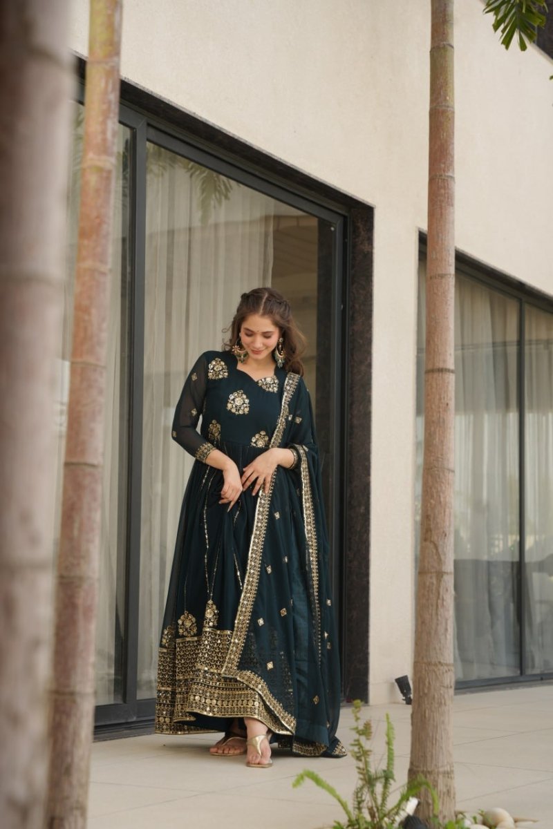 Faux Blooming Anarkali Gown With Zari and Sequins Embroidered Work - 001FASHIONFORWARD